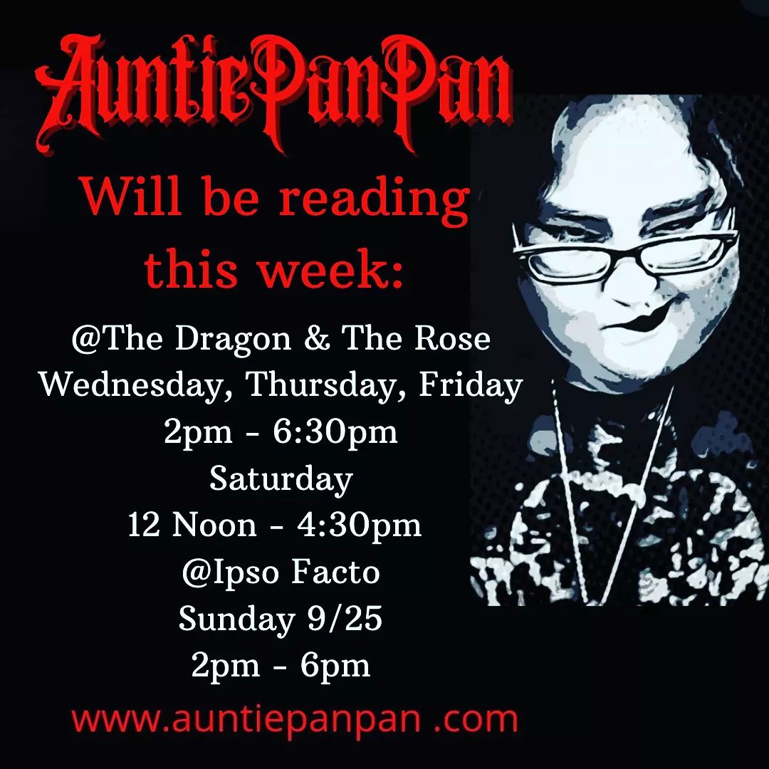 This weeks calendar for the Where TF is Pan?!?
I am available for readings and occult consultations.
ðŸ¦‡ðŸ”®ðŸ¦‡
Still have some spaces open for Halloween parties and Halloween readings.
DM to schedule or visit my website (the scheduler bug had an incident while I was at spookshow and kept booking me as available while I was mia...but it's good now)
www.auntiepanpan.com 
ðŸ¦‡
#witch #witchesofinstagram #witchesofig #occult #divination #witchcraft #readersofinstagram #witches #witcheshelpingwitches #witchcrafttogo #pagan #witchesunitednotdivided #witchlife #witchcraftclasses #tarotreadings #tarotreadersofinstagram #tarotreading #woowoo