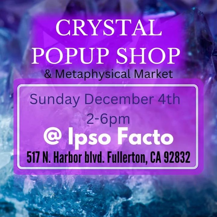 This Sunday
Crystal lovers and collectors, this is an event for you!
🔮☯️🔮☯️🔮
Join us at Ipso Facto on Sunday, December 4, from 2-6 p.m. for a trunk show with Reiki master/crystal energy worker Jennifer Morris, who will be offering her exclusive collection of gemstones and crystals, mojo bags, chakra sets and other metaphysical goodies for your delight.
Find the perfect holiday gift or something special for yourself.
Purchasers will benefit from Jennifer's knowledge in choosing the perfect option for one's needs, with metaphysical aspects to benefit the mind, body, and spirit!
While browsing, you can also get an oracle reading from Auntie PanPan, a natural Clairaudient intuitive Occult Consultant with sarcastic wit, who has been reading Oracle cards for over 35 years, and is daughter of a High priestess of eclectic magick, whose Psycard Oracle cards she uses for divination.
🔮☯️🔮
Free admission: https://www.eventbrite.com/e/433049301117
💟☯️💟
Location: Ipso Facto 517 N. Harbor Bl. Fullerton CA 92832
Phone: 714-525-7865
🧿☯️🧿
Jennifer Morris is a certified Crystal Healer/Teacher, Reiki Master, Energy Healer, practicing witch since 1972, and student of Victoria Arkle and Diane Newton. She is a life-long practitioner of the intuitive arts, offering years of knowledge and experience to her students, with her Patreon "Crafting Your Magickal Life" offering further learning opportunities.
💟🔮💟🔮💟🔮💟
#popupshop #popup
#crystal #crystals #crystaladdiction #zenhugz #witchcraft #inspiration #metaphysical #reiki #energywork